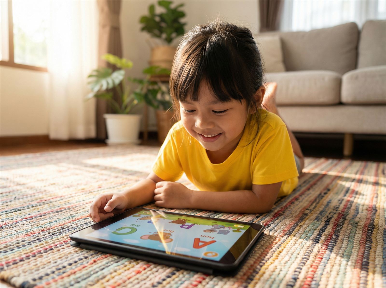 A child smiling while learning with Kids Gate on a tablet