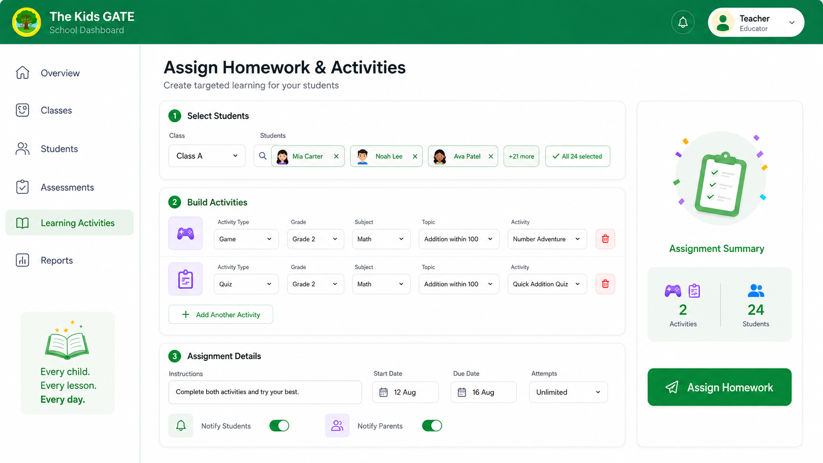 The Kids Gate assign-homework screen: selecting a whole class, choosing games and quizzes, setting dates, instructions and notifications