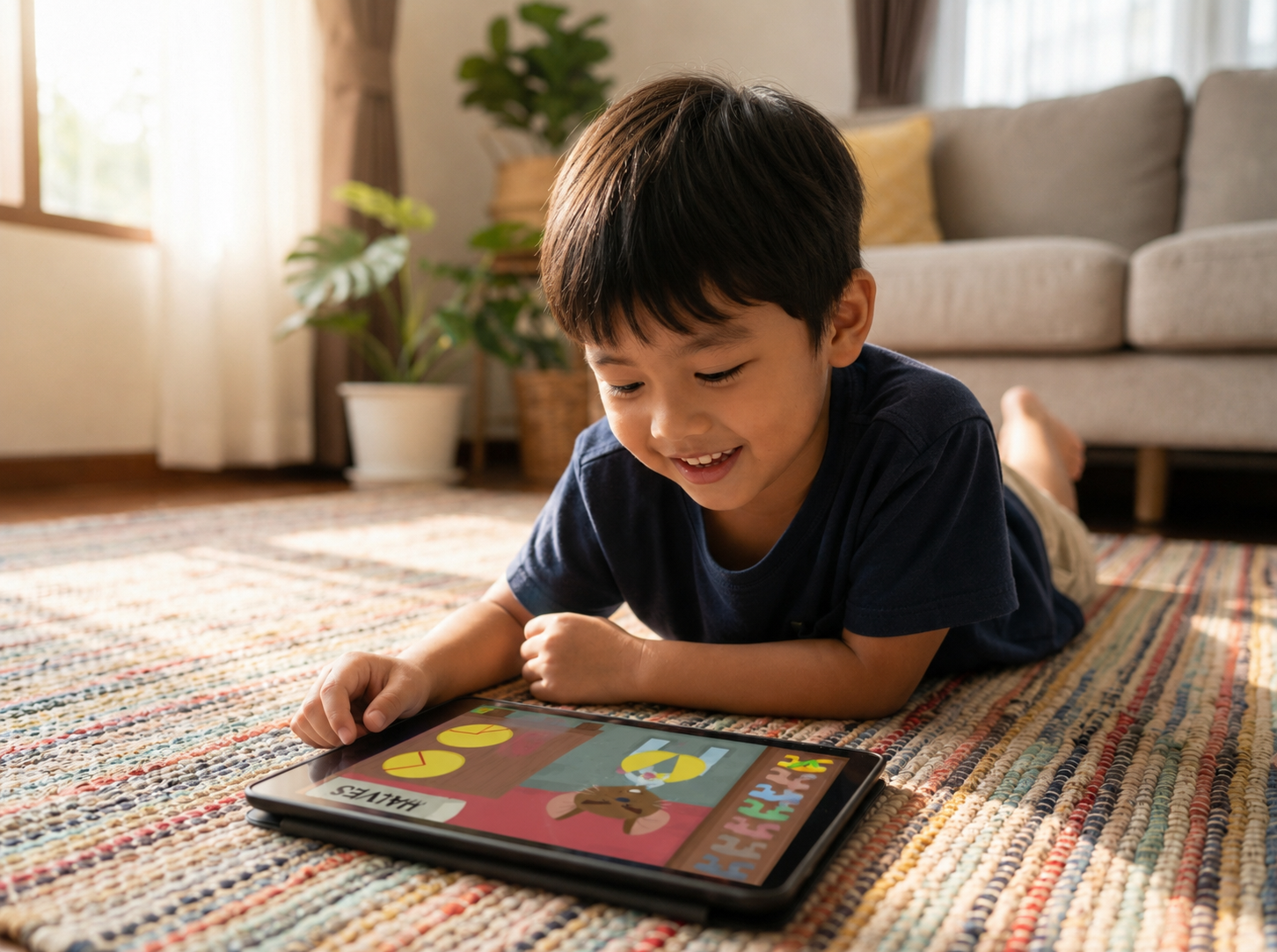 A child smiling while learning with The Kids Gate on a tablet